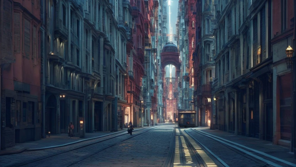 Urban street scene with tall buildings, shadows, tramlines, and pedestrians.