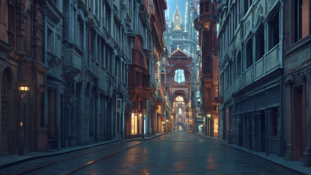 European-style Alley at Dawn or Dusk with Cobblestone Streets and Historic Buildings Leading to Cathedral