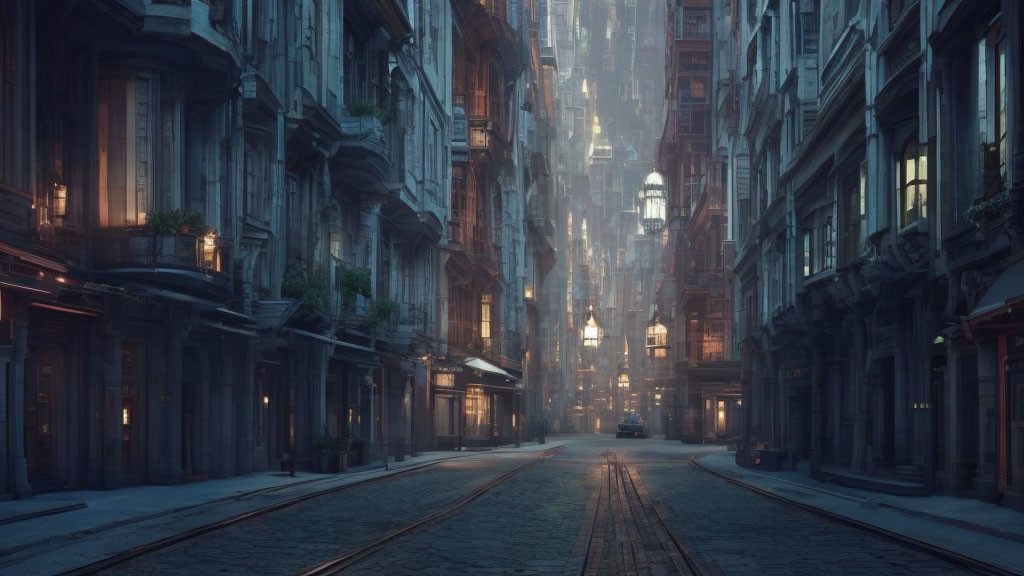 Empty urban street at twilight with ornate buildings and tram tracks.