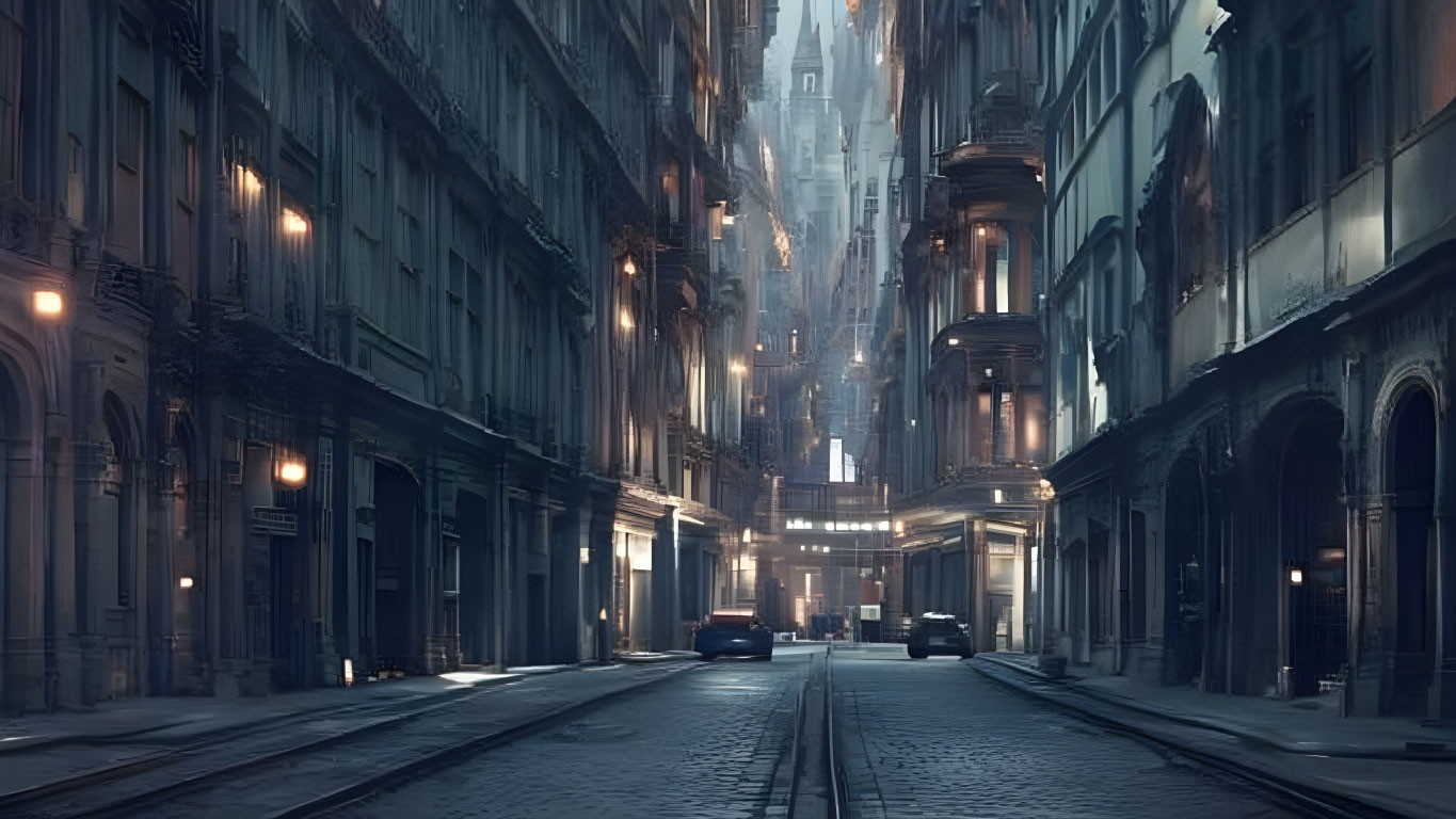 Deserted futuristic city street at twilight with ornate buildings and tram rail