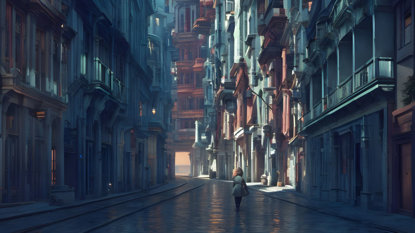 Futuristic urban alley with solitary figure and cyberpunk buildings