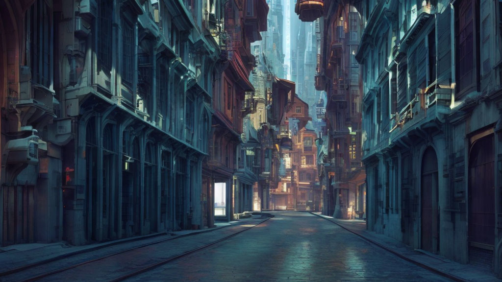 Futuristic deserted city street with eclectic buildings at twilight