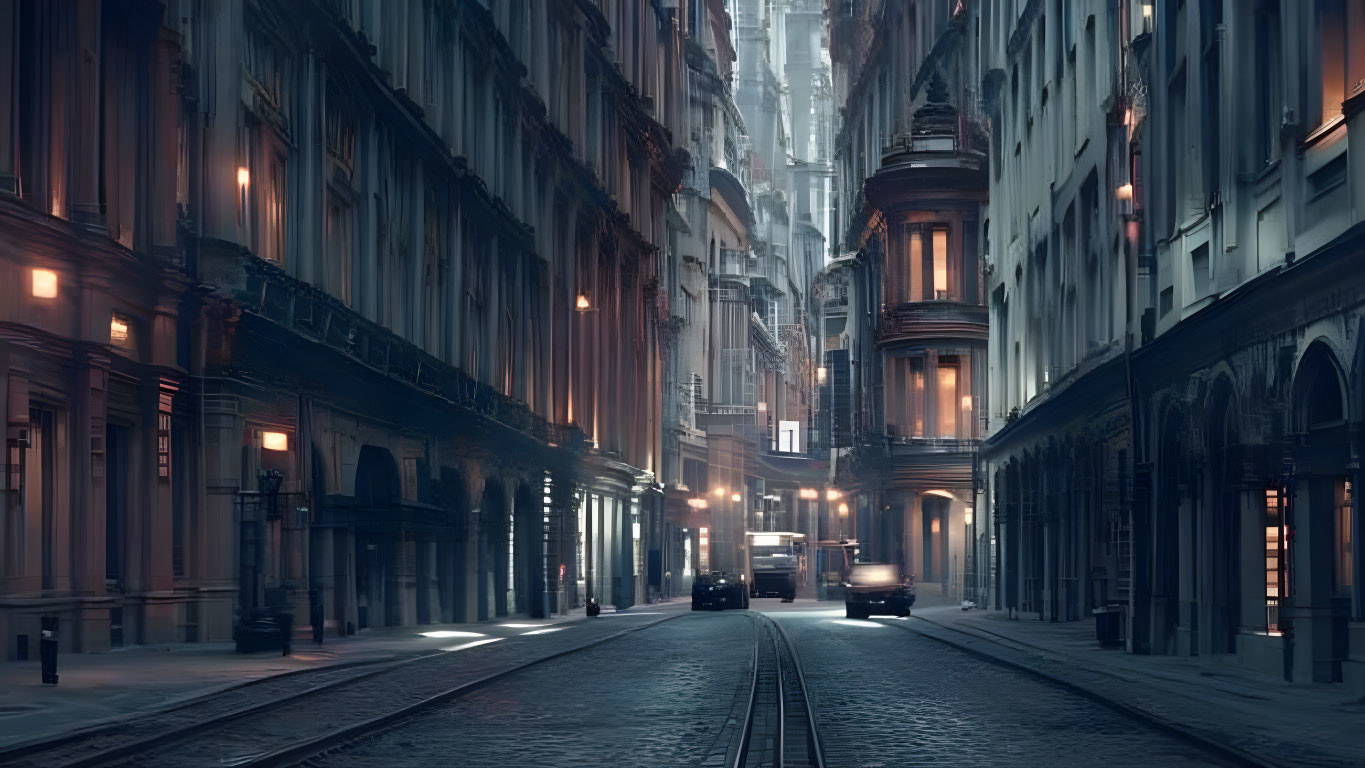 Dimly lit urban street with vintage architecture and foggy ambiance.