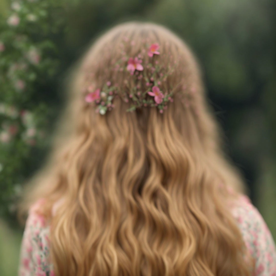 Blonde person with flowers in long wavy hair on green background