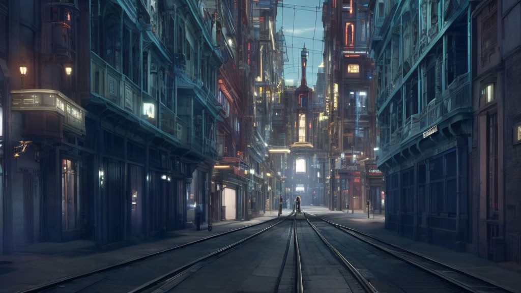 Deserted Urban Street at Twilight with Glowing Windows and Neon Signs