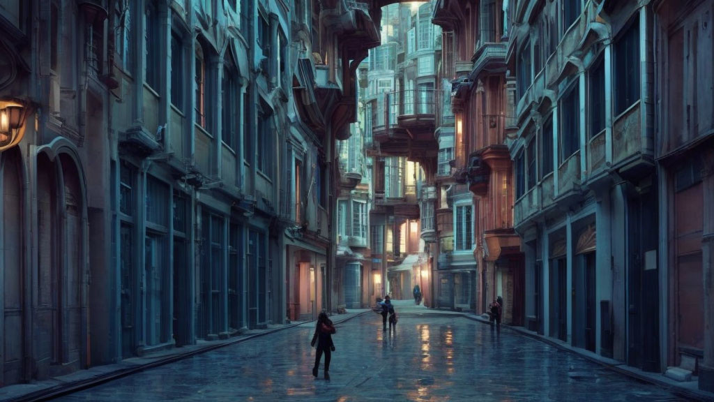 Old Buildings and People in Narrow Dusky Alley