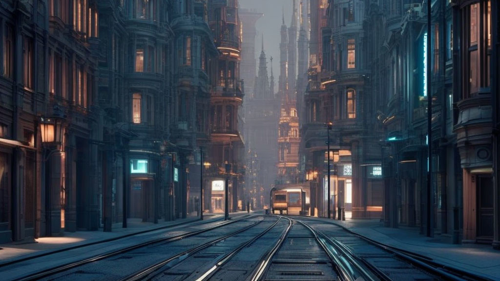 Futuristic cityscape at dawn with towering buildings and tram on central tracks