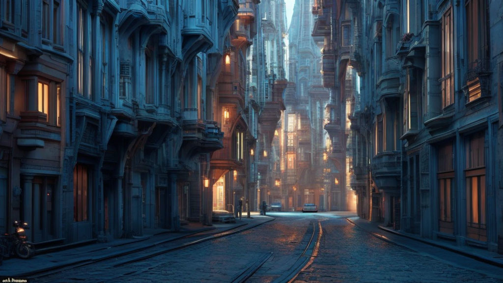 Desolate cobblestone street with gothic buildings, motorcycle, and streetlights.