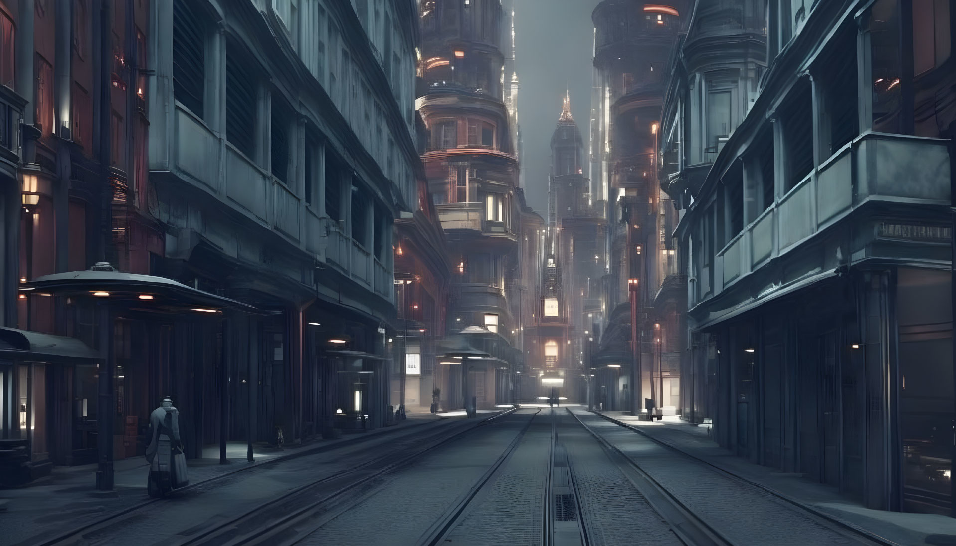 Futuristic cityscape at dusk with skyscrapers, moody lighting, deserted street, and