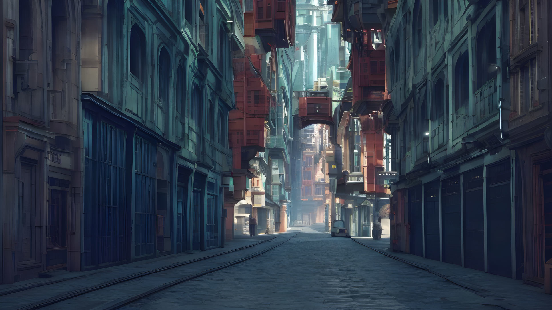 Futuristic urban alley with towering structures and glowing lights