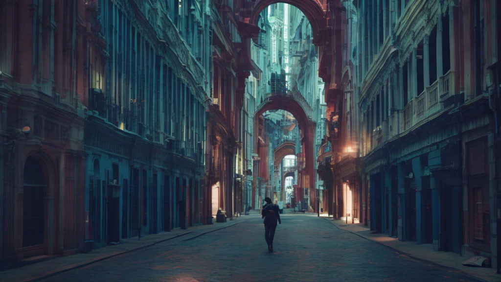 Solitary figure walking on dimly lit cobblestone street surrounded by classical buildings.