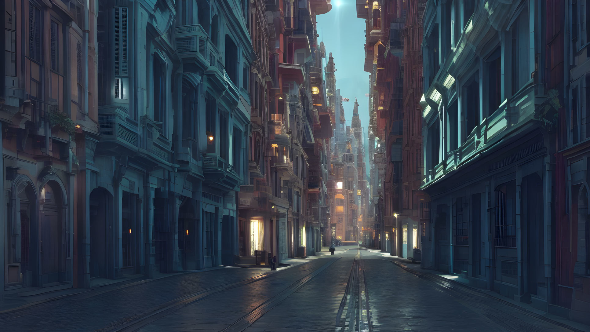 City street at dusk: cobblestones, glowing lights, Victorian and futuristic blend.