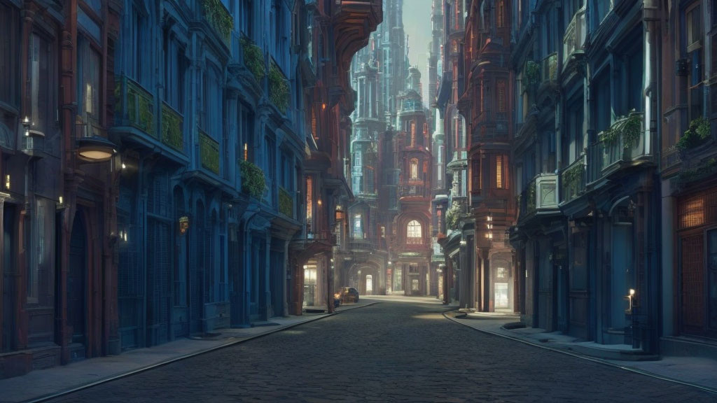 Cobblestone street with tall, intricate buildings at dawn or dusk
