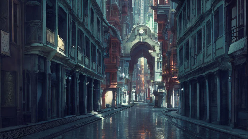 Deserted futuristic city street with advanced architecture.