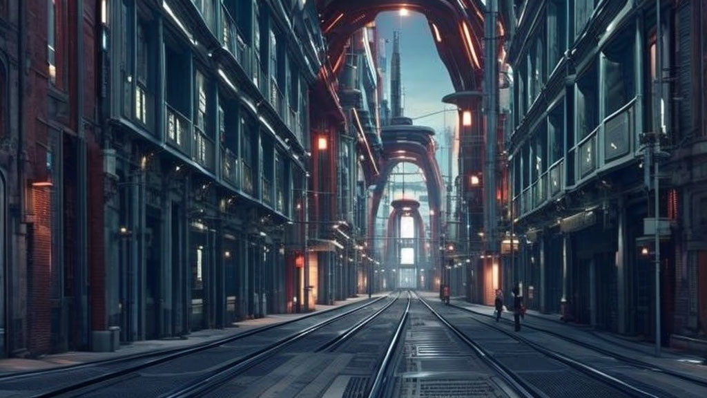 Futuristic cityscape with sleek buildings and person walking along train tracks