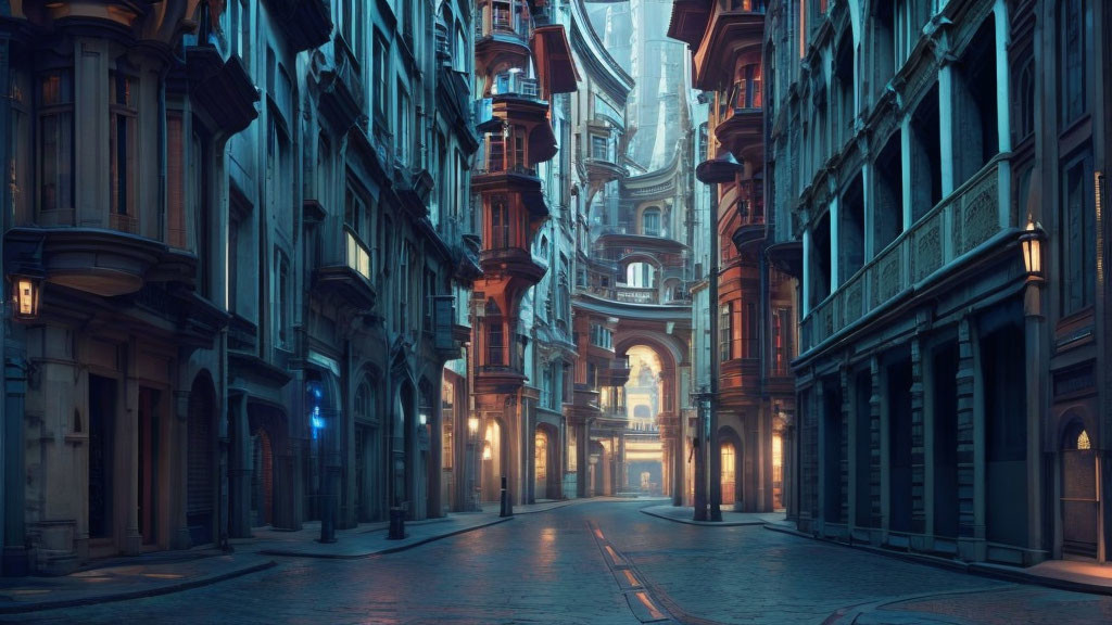 Futuristic city street with towering buildings and serene twilight ambiance