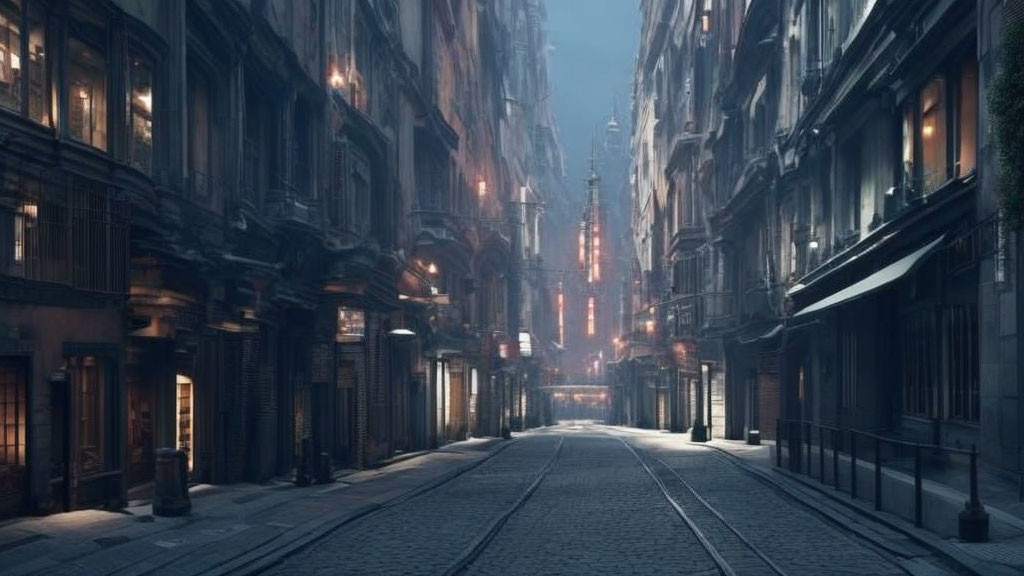 Desolate urban street at dusk with cobblestones, tram rails, and old buildings illuminated by warm