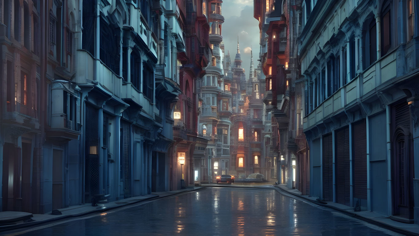 Ornate buildings in narrow alleyway under twilight sky