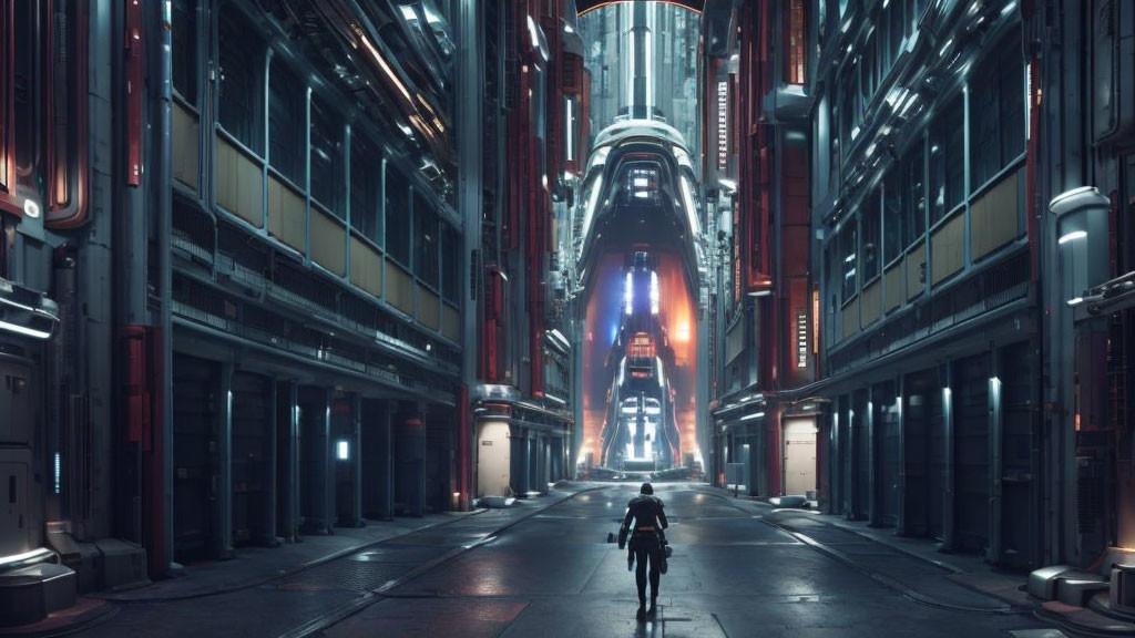 Person in futuristic cityscape with neon lights and towering buildings