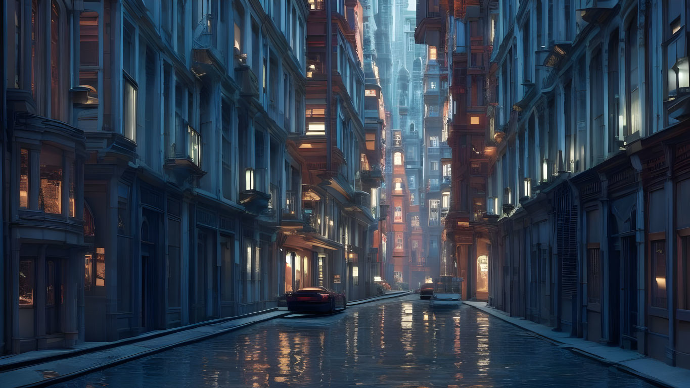 Futuristic city street with tall buildings and neon lights