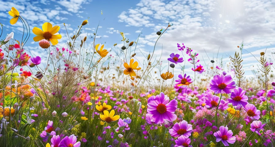 Colorful Wildflowers Blooming Under Blue Sky