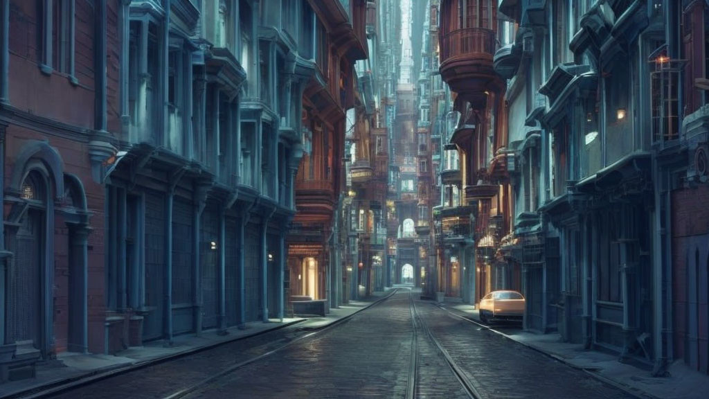 Futuristic city street at dusk with high-rise buildings and autonomous vehicle.