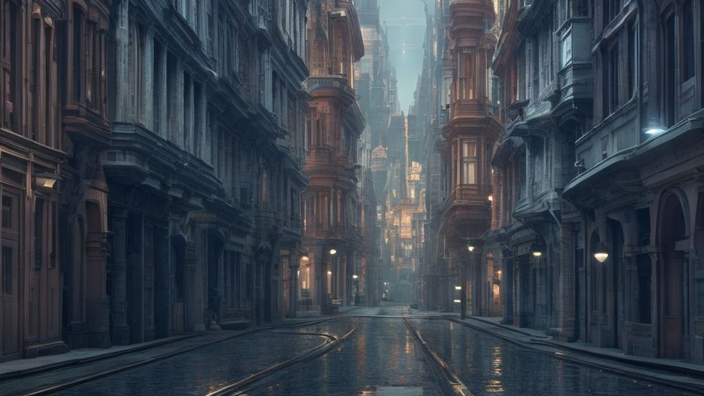 Foggy cobblestone street with aged buildings in deserted urban setting