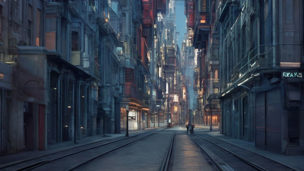 Urban cityscape with tall buildings, solitary figure, and tram lines at dawn or dusk