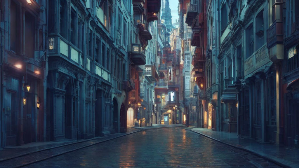 Twilight alley with cobblestones and old buildings