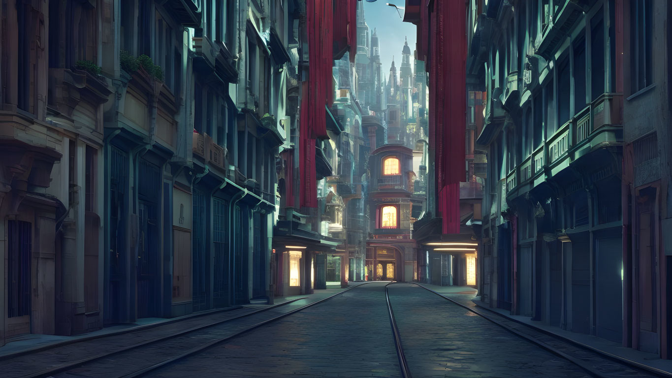 Deserted cobblestone street with tram tracks and old-style buildings leading to a gothic castle