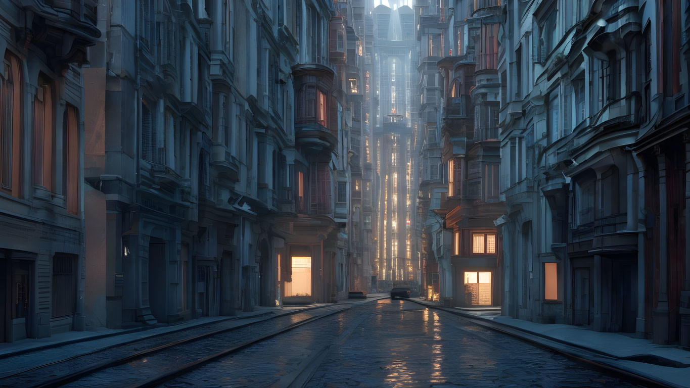 Atmospheric urban street at dusk with tall illuminated buildings