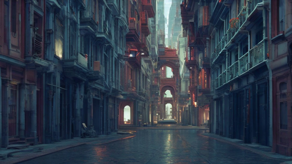 Deserted futuristic city street with tall, ornate buildings at dusk