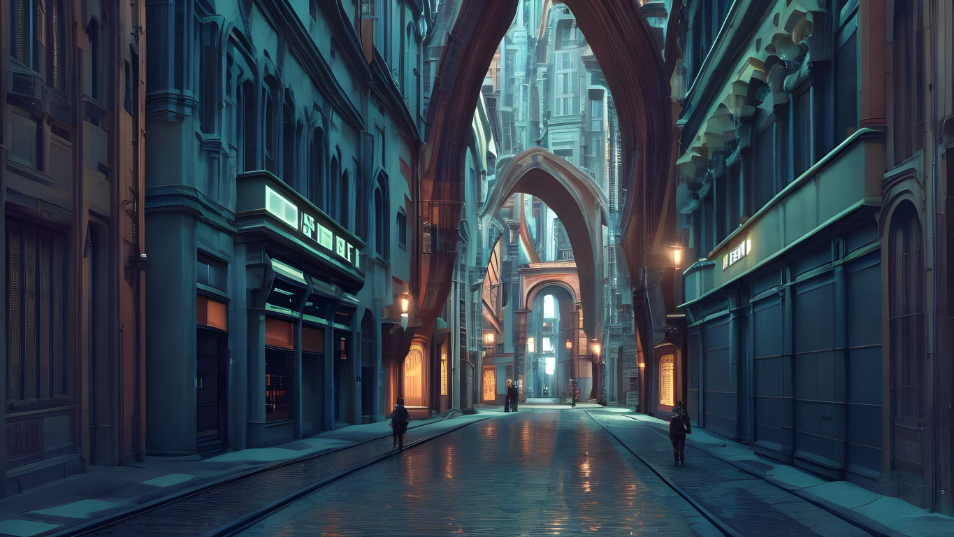 Empty cobblestoned alley at twilight with Gothic arches and lone figure