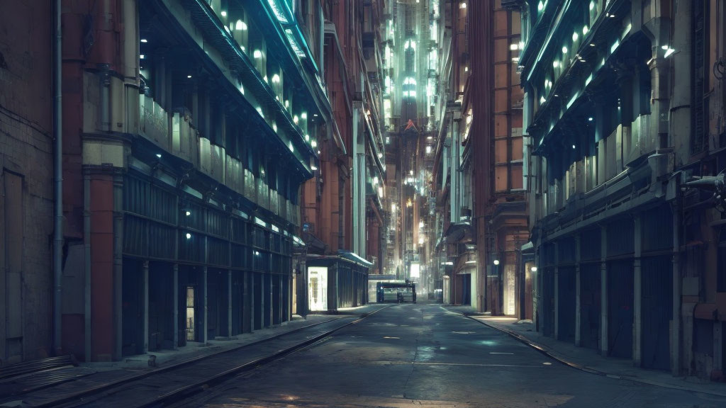 Nocturnal urban alley with fluorescent lights and tall buildings.