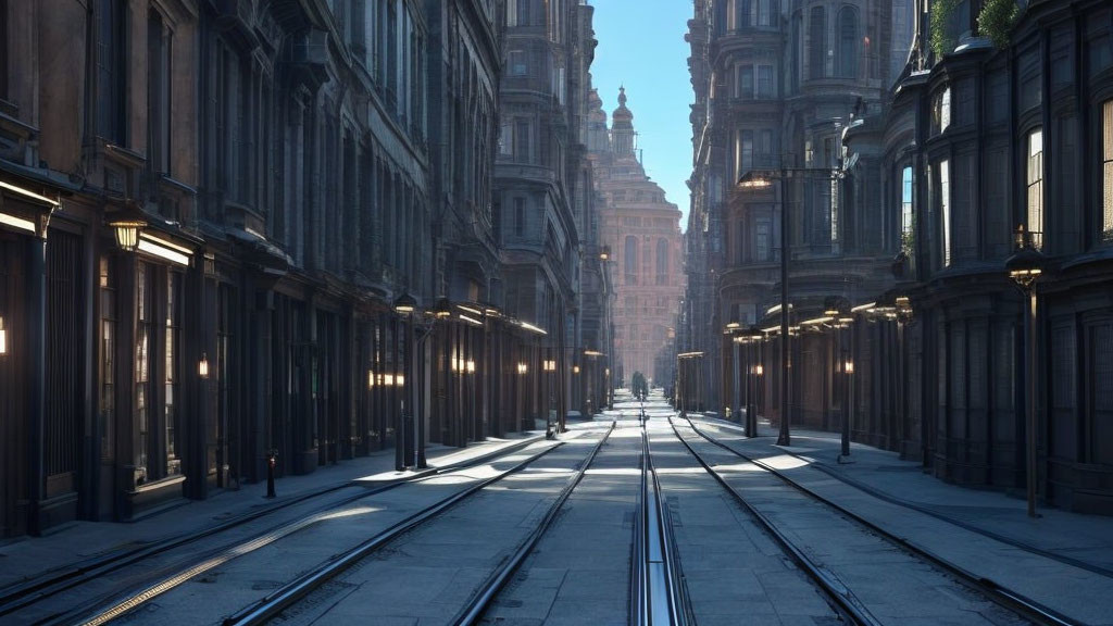 Classical buildings and tram tracks on narrow street leading to bright square