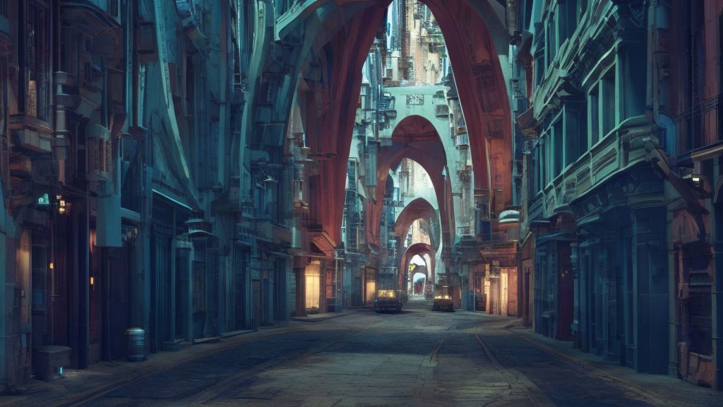 Dimly Lit Alley with Ornate Buildings and Archway