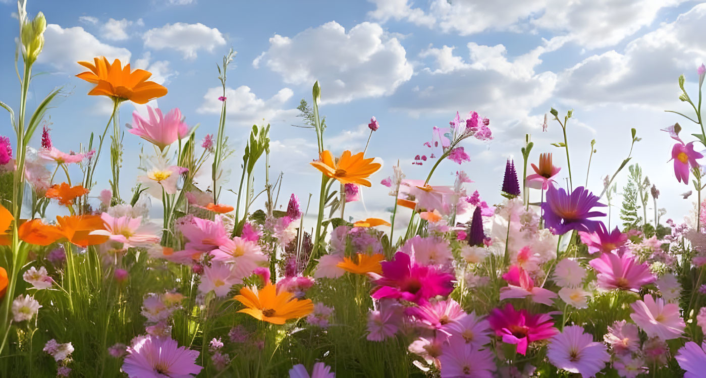 Colorful Flowers Field Under Blue Sky with Clouds