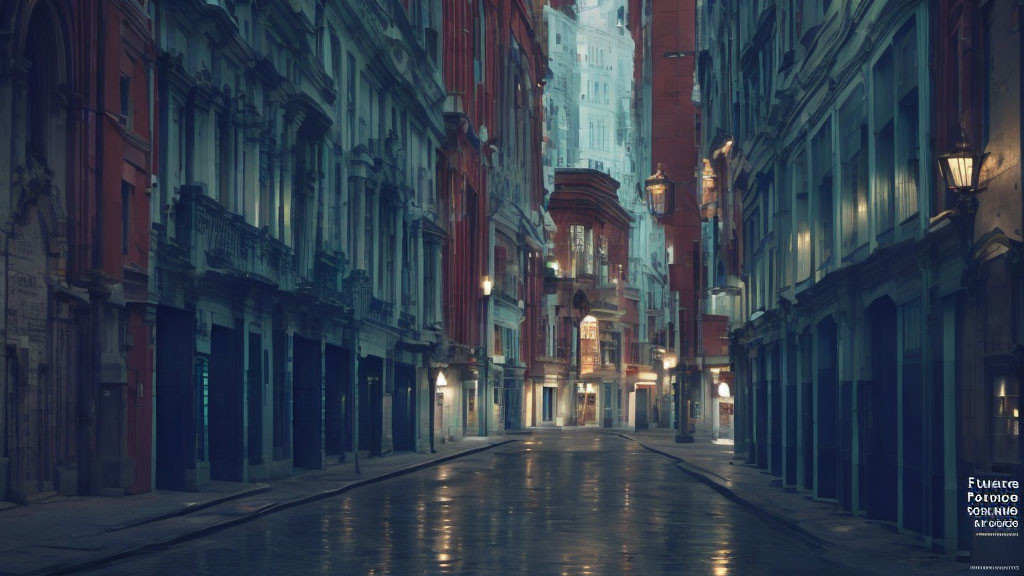 Deserted cobblestone street with old buildings and glowing streetlights at twilight