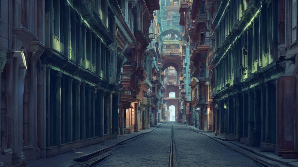 Classical architecture and tram tracks on narrow street with futuristic structure in the distance at twilight