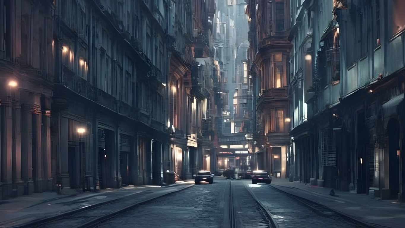 Futuristic city street at twilight with towering buildings and tram tracks