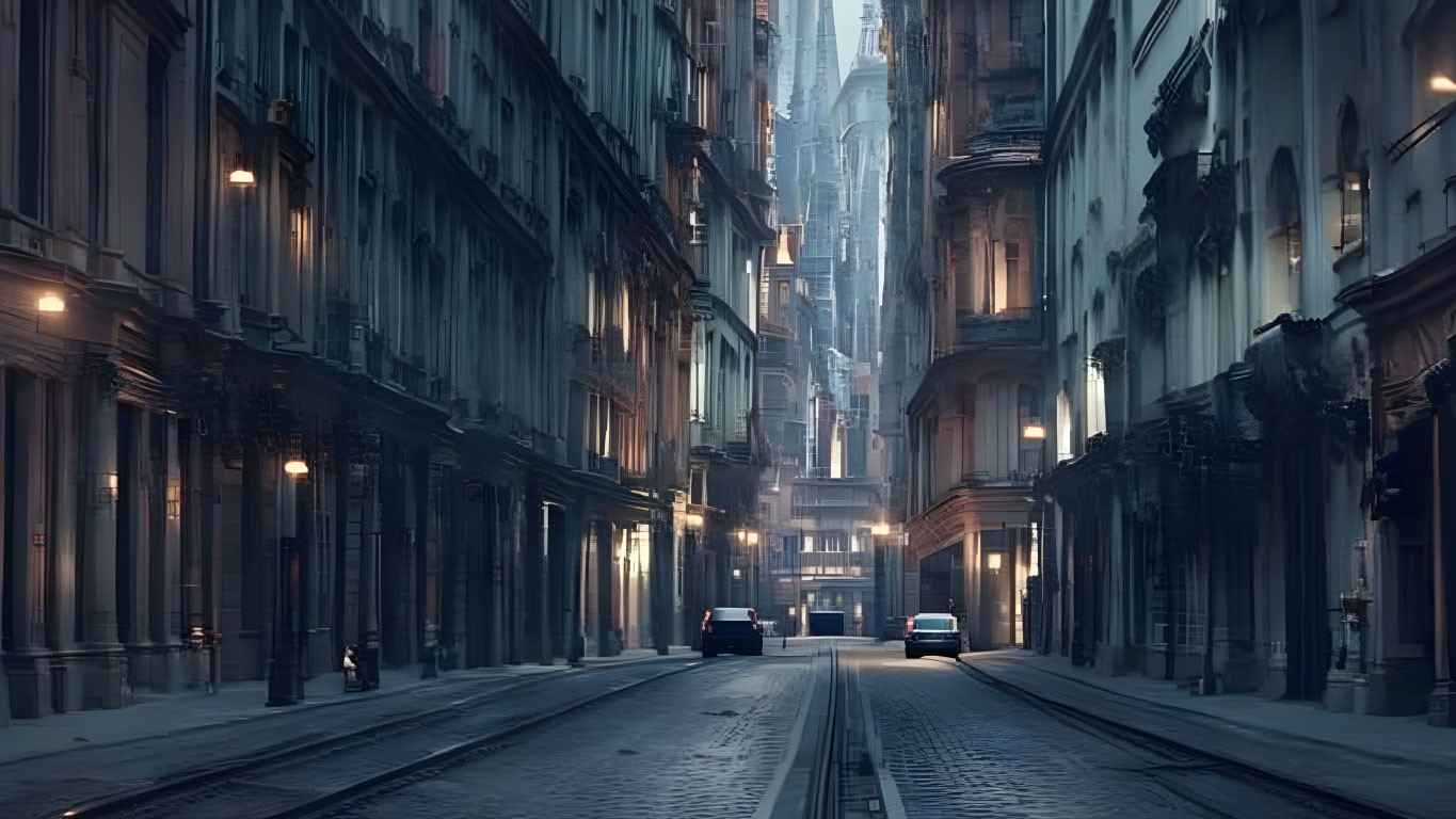 Desolate urban street at twilight with tram tracks, parked cars, and towering buildings in foggy distance