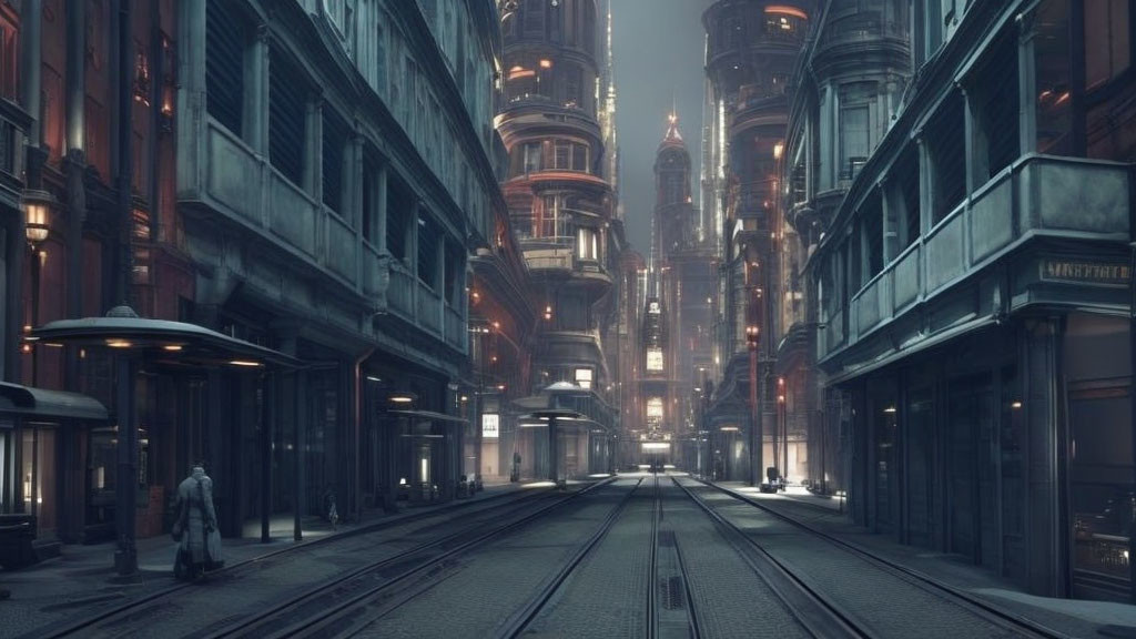 Dystopian cityscape with skyscrapers, deserted street, and solitary figure