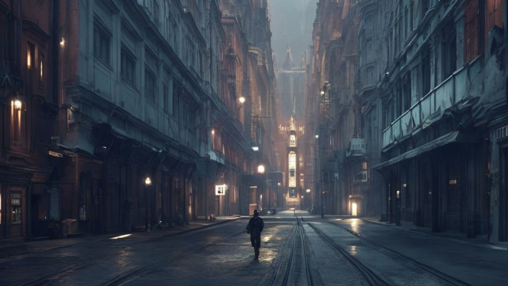 Solitary figure in vintage street with tram tracks at dusk or dawn