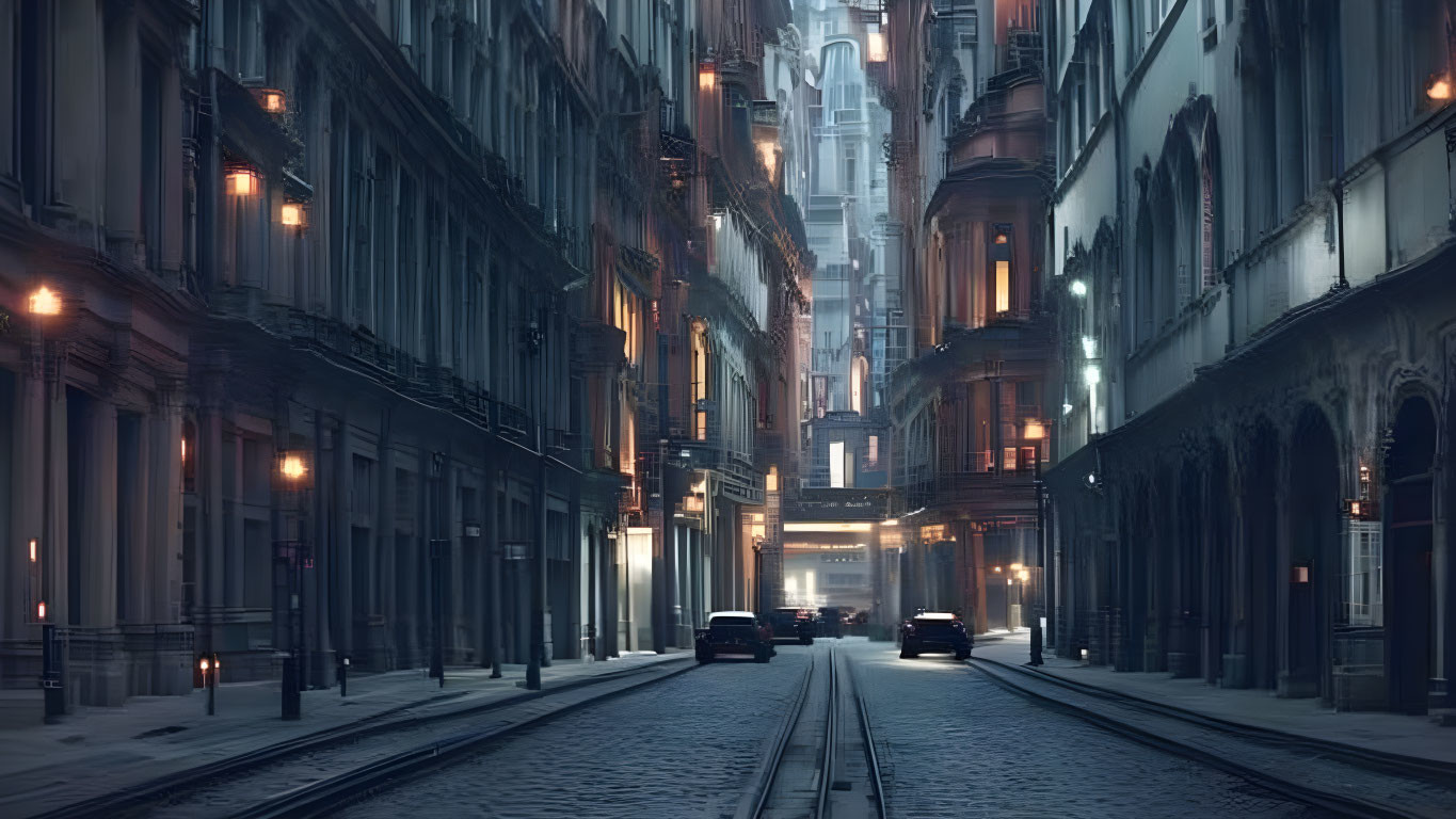 Cityscape at dusk: streetlights, buildings, tram tracks, parked cars under moody sky