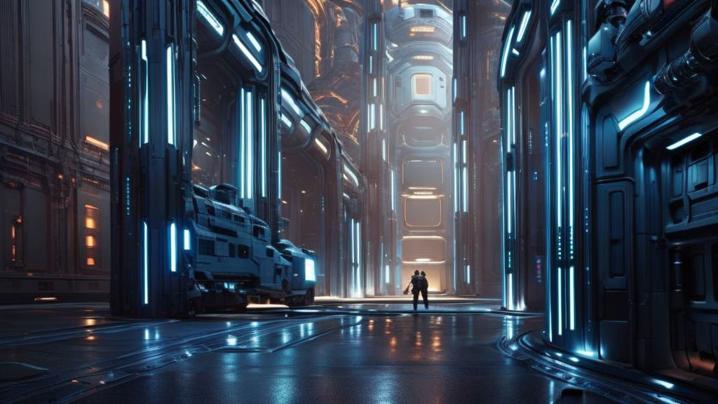 Futuristic corridor with neon lights, person, high-tech walls, and vehicle