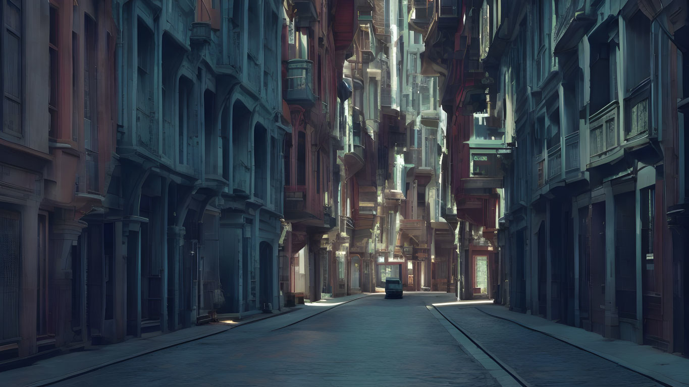 Vintage urban street scene with tall buildings, moody blue light, solitary vehicle, and futuristic architecture.