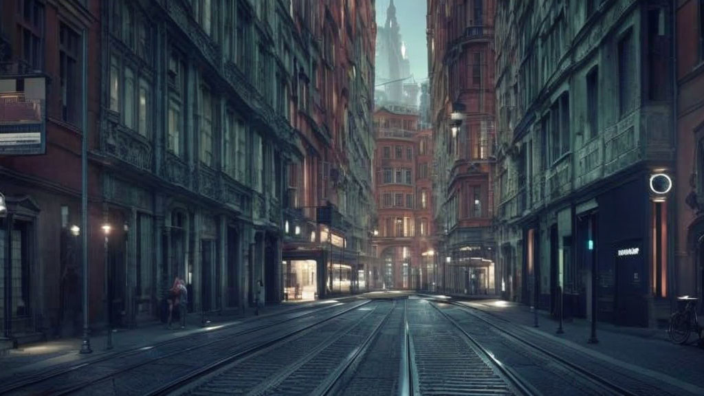 Empty cobblestoned street at evening with classic European architecture and tram tracks.