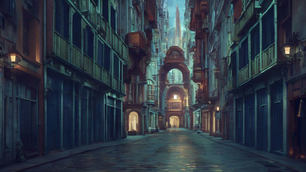 Narrow Alley with Old Buildings and Archways at Dusk or Dawn