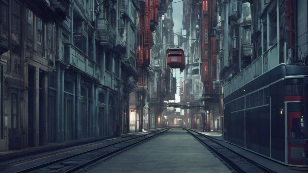 Futuristic urban alley with tram lines and flying capsules amid tall buildings