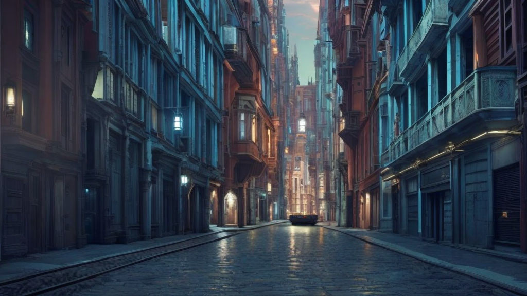Deserted cobblestone street with tall, ornate buildings at twilight